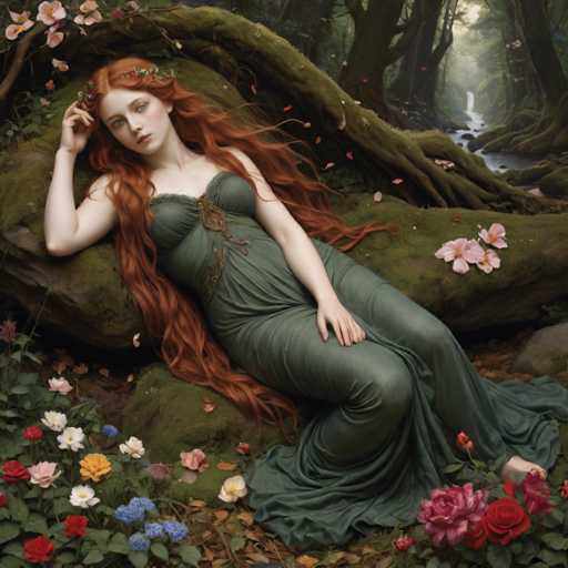 In this captivating fantasy painting, a young woman with long, flowing red hair adorned with green and pink flowers reclines on a moss-covered log in a serene forest setting. She is dressed in a flowing green gown that complements the lush surroundings. Her bare feet rest on the ground, and her right hand gently touches her hair, while her left hand rests on her knee. The scene is filled with vibrant flowers in shades of red, pink, blue, yellow, and white, scattered around her and on the log. Behind her, a small creek meanders through the forest, adding to the tranquil atmosphere. The background is filled with trees, some of which have pink blossoms, and a distant waterfall can be seen, enhancing the ethereal quality of the image. The overall composition exudes a sense of peace and enchantment, making it a mesmerizing piece of fantasy art.