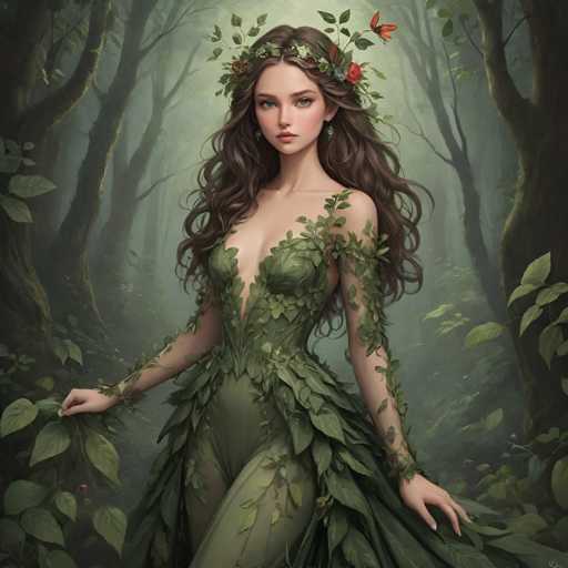 A woman with long brown hair is standing in a forest surrounded by trees and plants. She is wearing a green dress that has leaves on it, giving her an ethereal appearance. The background of the image is dark green, which contrasts with the lighter colors of the woman's dress and the surrounding foliage.