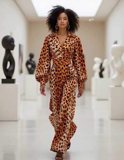 A striking ethnic woman confidently strides through a modern museum, showcasing a vibrant cheetah print jumpsuit. Minimalist white sculptures line the hallway, while flash photography captures her dynamic movement and sharp details of her face and outfit.