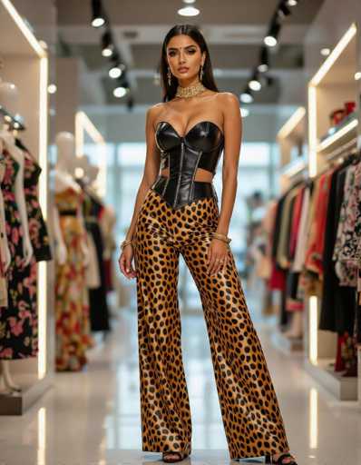 A confident Indian model with a bindi showcases a bold cheetah-print leather ensemble in a luxurious boutique. The image features bright fluorescent and warm spotlights, highlighting the model against racks of clothing and mannequins in an urban fashion style.