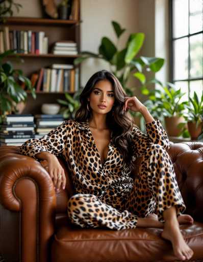 A stylish ethnic woman in cheetah print loungewear lounges on a brown leather sofa in a bright, modern living room. Art books and lush plants create a cozy backdrop bathed in natural light, showcasing a relaxed yet elegant lifestyle.