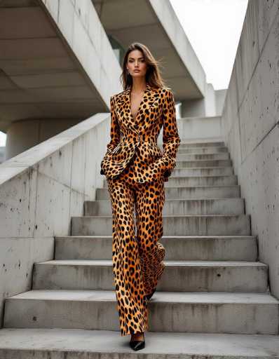 A powerful model in a bold cheetah print pantsuit ascends brutalist concrete stairs. The low angle emphasizes her strength, while strong diagonal lines create a dynamic composition against the stark architectural backdrop. The art style is modern and fashion-forward, highlighting confident elegance.