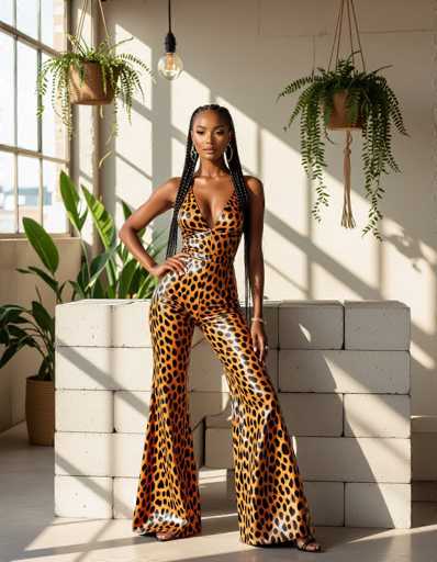 A radiant South African woman with long braids commands attention in a bold cheetah-print faux leather jumpsuit. She poses confidently against stacked concrete blocks and hanging plants in an urban loft, illuminated by hard shadows creating an edgy contemporary fashion aesthetic.