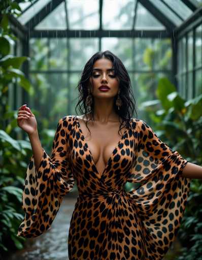 A stunning Indian woman with smoky eyes and dark lips dances in a fluid cheetah-print gown within a rain-filled conservatory. Exotic plants blur in the background, creating soft bokeh and moody lighting. The ultra-sharp focus highlights her dramatic expression, captured in a Vogue Italia style with a dramatic composition.