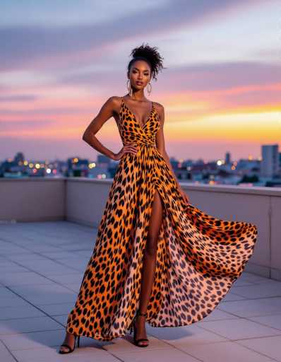 A charismatic ethnic model in a flowing cheetah print maxi dress stands on a rooftop terrace at dusk. The warm twilight sky with orange and purple hues complements the vibrant animal print, creating a contemporary fashion scene in crisp detail.