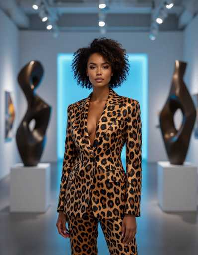 A striking ethnic woman in a bold cheetah print suit commands attention in a contemporary art gallery. Abstract sculptures and cool blue lighting create a symmetrical composition, highlighting the woman's warm skin tones against the modern art backdrop.