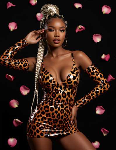 A striking African-American woman with platinum blonde braids commands attention in a daring cheetah-print latex mini dress. Scattered rose petals on a black backdrop create a dramatic, low-angle shot emphasizing power and elegance in this fashion editorial. 8k resolution.