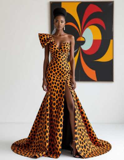 A striking ethnic model showcases a bold, avant-garde cheetah print gown in a high-key studio portrait. The dress, crafted from sustainable materials, features an asymmetrical design and dramatic slit. Against a clean white backdrop in a contemporary art gallery, the model's poised expression and the fabric's texture are beautifully illuminated.