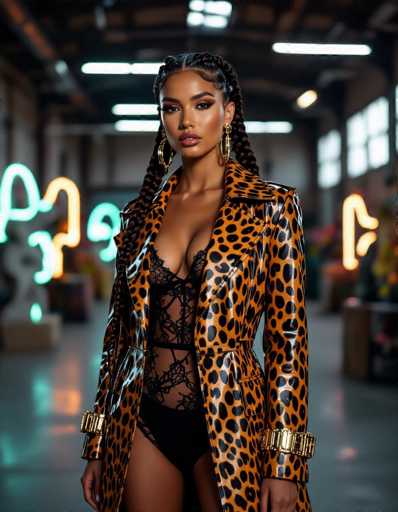 A confident Hispanic model with voluminous braids and gold cuffs commands attention in a high-fashion editorial shot. She wears a structured cheetah-print trench coat over a sheer lace bodysuit in an industrial warehouse bathed in soft neon lights and abstract sculptures. The 35mm film grain enhances the texture, highlighting her gaze.