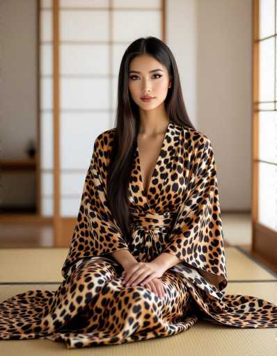 A stunning Vietnamese woman with long, straight dark hair sits gracefully on a tatami mat in a minimalist room. She wears a luxurious cheetah-print kimono robe with a silk lining, bathed in soft natural light filtering through paper screens. The composition is serene and high-fashion.