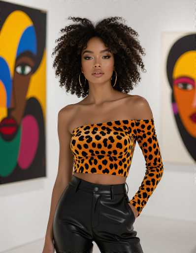 A confident Latina model with voluminous afro-textured hair commands attention in a striking cheetah-print velvet one-shoulder top and leather pants. The white gallery setting features oversized, vibrant modern art, creating a stylish and sophisticated fashion photograph with Vogue-quality detail.