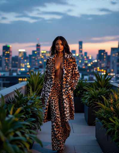 A striking ethnic woman in a bold cheetah print outfit confidently walks on a rooftop terrace at twilight. Lush greenery frames her, contrasting with the city lights in the distance. The scene is a contemporary urban fashion shot with rich atmospheric depth and visual interest.