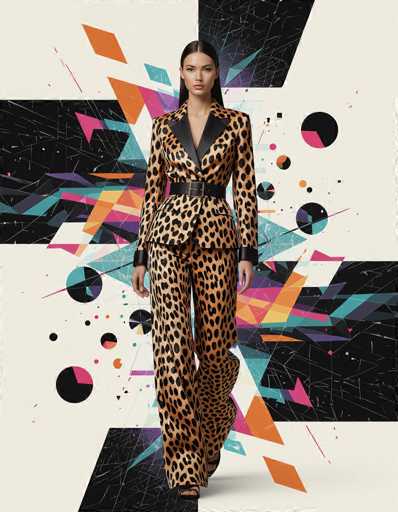 A woman in a bold cheetah print suit stands confidently amidst an abstract composition of floating geometric shapes and digital glitch art. The high-definition rendering style emphasizes a contemporary digital fashion aesthetic, creating a dynamic and visually striking image.