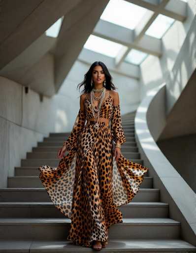 An ethereal ethnic woman in a flowing cheetah print chiffon dress and layered necklaces stands on a stone staircase. Natural light filters through skylights, creating geometric patterns on her outfit and the modern architectural space. She gazes thoughtfully at the camera in this artistic, moody image.