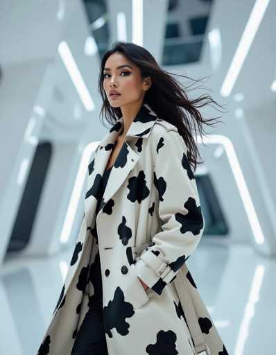 A stylish ethnic woman models a bold cow-print trench coat in a sleek, futuristic space. Crisp lighting emphasizes her makeup and the fabric's texture as she walks confidently. The clean lines of the architecture create a modern backdrop, with her hair flowing dynamically behind her.