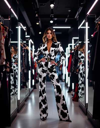 A confident woman in a bold cow print pantsuit dominates a backstage corridor lined with mirrors. Fluorescent lighting creates soft shadows amidst the chaotic backdrop of clothing racks and equipment, captured in a documentary-style fashion photograph.