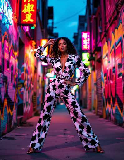 A striking ethnic woman commands attention in a bold black and white cow-print jumpsuit, her dynamic pose set against vibrant street art murals illuminated by neon signs in a dusky urban alley. The composition features motion blur, emphasizing energy and movement within the colorful scene.