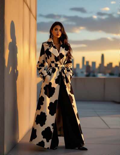 A stylish woman in a bold black and white spotted trench coat stands confidently against a modern architectural backdrop at sunset. The cityscape is silhouetted in the distance, creating a dramatic contrast with the warm hues of the sky. The image has a fashion editorial art style, emphasizing elegance and urban chic.