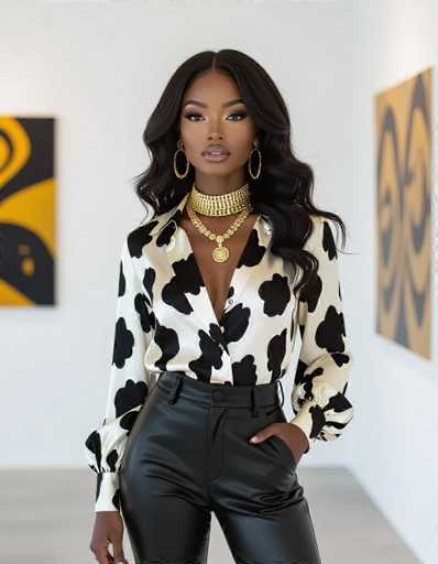 A confident African American woman with striking features commands attention in a minimalist gallery. She wears a bold cow-print silk blouse and black leather trousers, complemented by layered gold jewelry. Abstract art on white walls creates a sophisticated, high-fashion editorial setting.