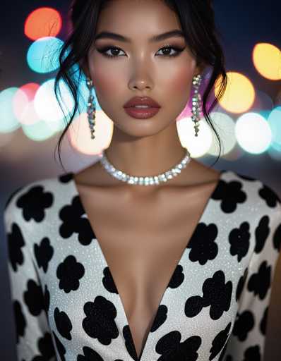 A close-up macro portrait features an ethnic model in a textured black and white cow print silk gown with a deep V-neck. Sparkling jewelry, soft studio lighting, and bokeh city lights create a Vogue Italia cover aesthetic with high contrast and artistic grain.