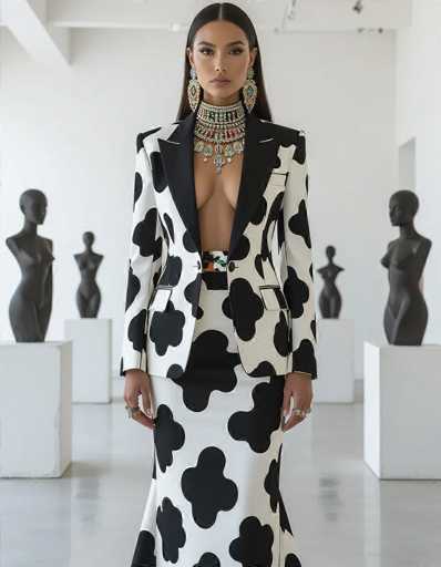 A striking ethnic woman commands attention in a stark white gallery, her bold black-and-white cow-print suit contrasting with the minimalist sculptures. Intricate tribal jewelry enhances her powerful elegance, creating a dramatic and sophisticated fashion statement against the brutalist backdrop.