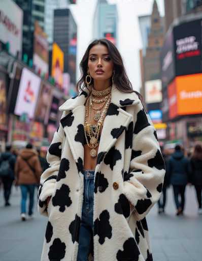 A confident ethnic woman commands attention in a high-fashion street style shot, wearing an oversized black and white cow-print coat and layered gold jewelry. The bustling urban plaza with digital billboards creates a striking contrast between nature-inspired fashion and modern technology, captured in a direct gaze.