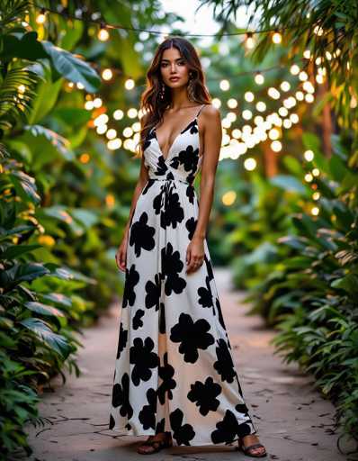An ethnic model in a black and white floral maxi dress stands in a lush botanical garden at twilight, illuminated by fairy lights. Natural shadows and soft focus create a romantic, seductive atmosphere in this lifestyle fashion shot. The model is the central subject, framed by vibrant foliage and a pathway leading into the distance.