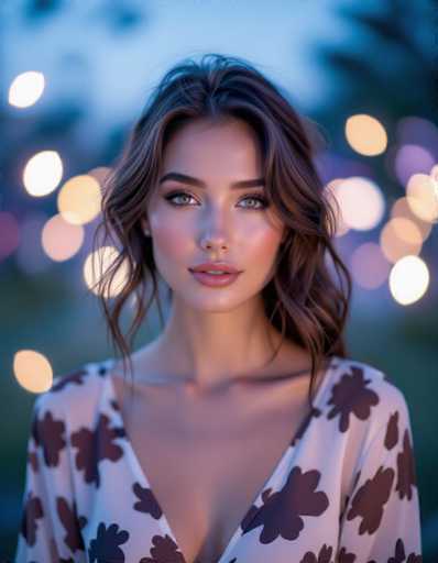 A dreamy portrait features a woman with soft, wavy brown hair and striking eyes, wearing a sheer cow print top. The background is a bokeh of pastel purple and blue lights resembling fireflies or city lights, creating an ethereal and romantic atmosphere. The soft focus and artistic film look enhance the overall gentle mood.