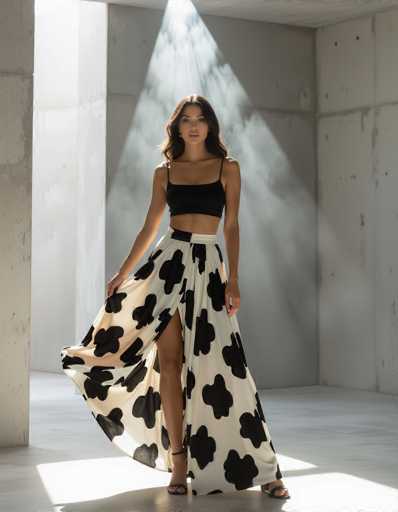 A striking ethnic woman in a cow-print maxi skirt and crop top stands in a minimalist concrete room under a single spotlight. The dramatic lighting creates deep shadows, highlighting her figure and sultry gaze. Dust motes dance in the beams, adding a cinematic feel to this fashion shot.