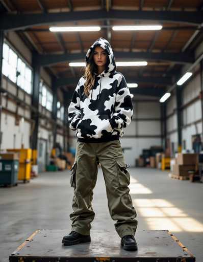 A model in oversized black and white cow print hoodie and cargo pants stands confidently on a platform within a vast, industrial warehouse. Harsh fluorescent lights create long shadows against the gritty concrete floor and exposed steel beams, embodying a street photography aesthetic.