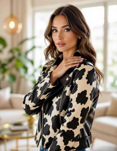A woman in a fitted cow print leather jacket is the central focus, gently touching her shoulder. The shallow depth of field blurs a modern living room with plants and gold furniture, creating warm interior tones. The intimate portrait showcases soft natural lighting and a fashion-forward style.