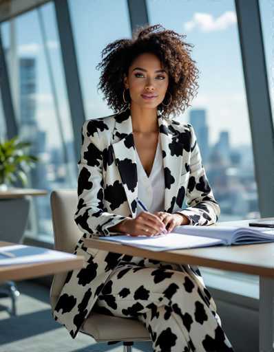 A stylish ethnic woman in a bold cow-print suit sits at a desk in a modern office, bathed in sunlight from floor-to-ceiling windows showcasing a cityscape. She confidently reviews documents, exuding allure and professionalism in this contemporary lifestyle shot.