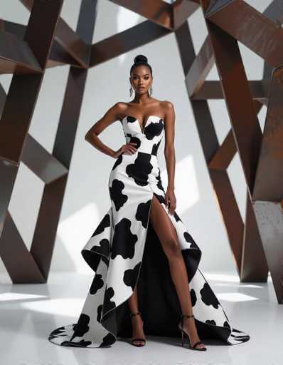 An ethnic woman commands attention in a striking cow-print gown within a modern art installation. The sculptural dress, with its asymmetrical hem and dramatic lighting, contrasts against geometric metal structures, creating an edgy yet sophisticated aesthetic.