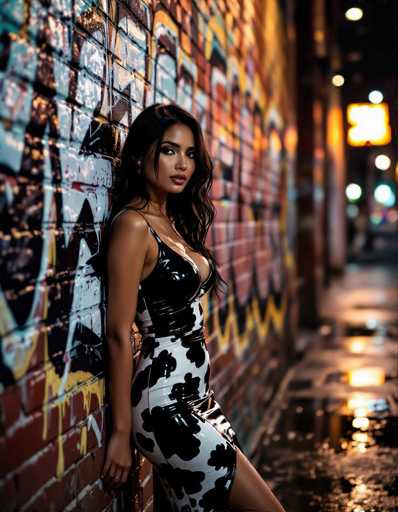 A striking ethnic woman in a black and white cow print latex dress leans against a graffiti-covered brick wall at night. Wet pavement reflects the scene, creating depth in this cinematic noir shot with cool tones and warm subject lighting. High detail highlights the leather texture, emphasizing a moody atmosphere.