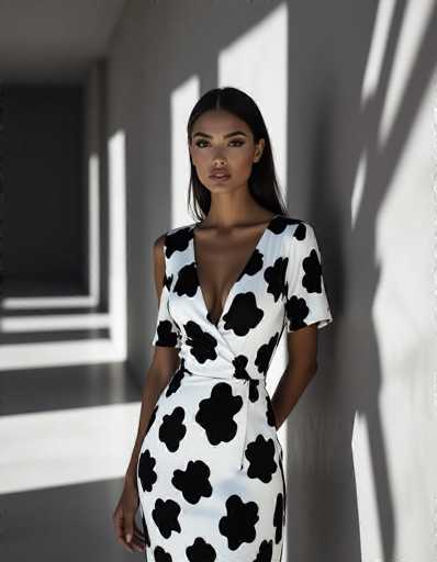 An ethnic woman in a striking black-and-white cow-print dress stands confidently in a stark corridor. Strong shadows emphasize her silhouette and the geometric architecture, creating a captivating and slightly mysterious fashion photograph with a modern art style.