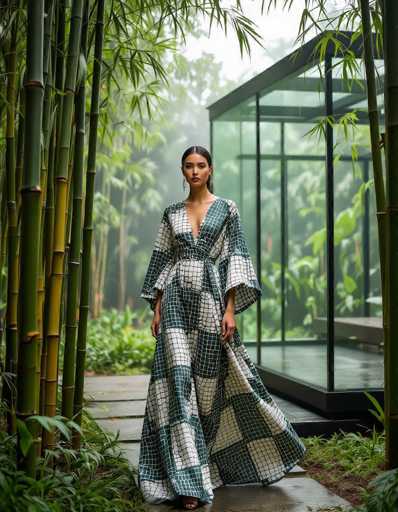 An ethnic model in a flowing, patterned dress stands gracefully amidst tall bamboo stalks in a misty garden. A modern glass pavilion provides a backdrop, blending nature and fashion. Soft green and brown tones create an ethereal atmosphere in this nature meets fashion portrait.