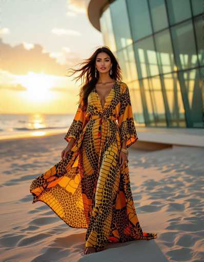 A woman in a vibrant, flowing crocodile print kaftan models on a sandy beach at sunset. The golden light highlights the textured scales, while wind playfully moves her hair. Modern glass architecture forms a backdrop in this dreamy fashion shot with a soft, shallow depth of field.