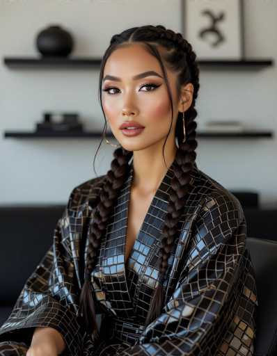 A close-up portrait showcases an ethnic woman with striking makeup and braided hair, elegantly draped in a crocodile-print silk kimono. The modern minimalist setting features sleek black furniture and floating shelves with curated art, bathed in soft light for an intimate editorial feel.