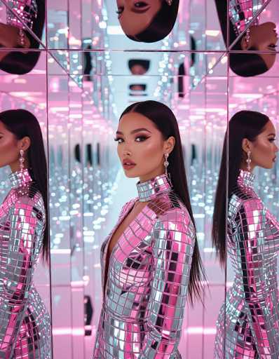An alluring ethnic beauty in a shimmering metallic crocodile-scale dress stands in a mirrored infinity room bathed in soft pink and silver light. Reflections multiply her image, creating a surreal kaleidoscope effect. The high-end advertising style emphasizes glamour and sophistication.