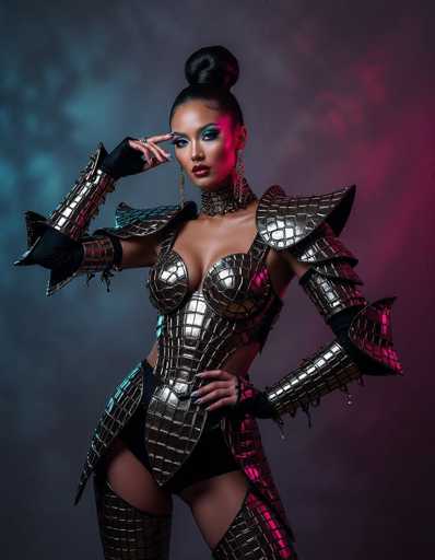 An ethnic woman commands attention in a dramatic studio portrait, adorned in sculptural crocodile-print armor. The pose and lighting create a frozen moment of movement against a textured backdrop, showcasing avant-garde fashion with metallic makeup and theatrical color washes.