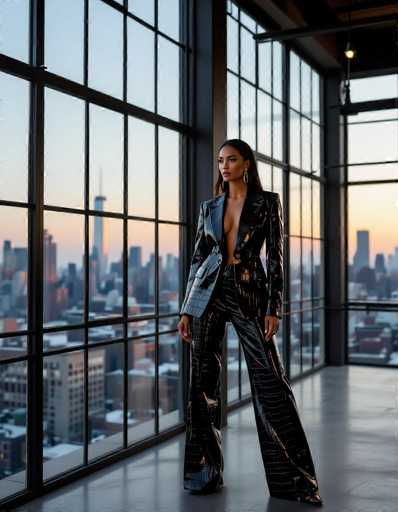 An ethnic model in a striking crocodile-print leather suit stands confidently in a chic industrial loft, gazing at a cityscape at dusk. The large windows frame the urban view, highlighting the contrast between the model's structured attire and the modern architectural lines. The art style is sophisticated and fashion-forward.