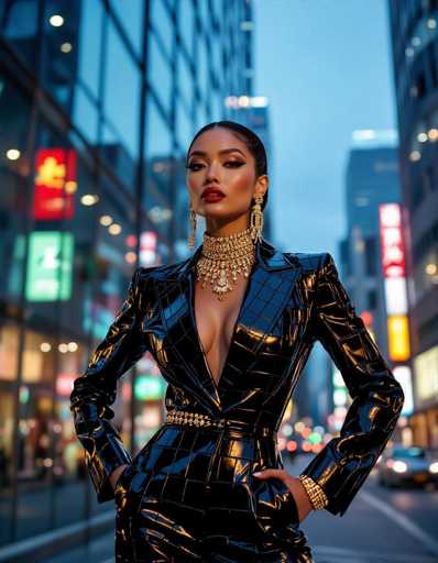A seductive ethnic woman commands attention in a tailored crocodile print leather jumpsuit, adorned with elaborate gold jewelry, against a Tokyo dusk backdrop. The low-angle shot, captured on Hasselblad in Vogue style, showcases neon reflections on her skin and a dramatic urban setting.