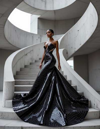A striking ethnic woman in a sculptural black crocodile gown poses on a spiral staircase within a brutalist architectural setting in Paris. The monochromatic palette and dramatic lighting highlight the gown's texture and her form, creating a cinematic fashion editorial.
