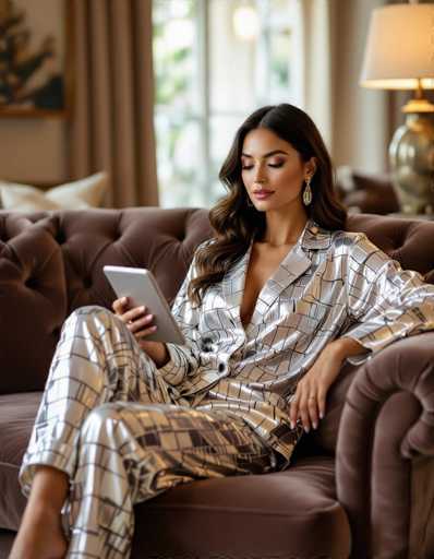 A stylish ethnic woman lounges on a plush brown velvet sofa in a contemporary living room, wearing elegant silver crocodile-print loungewear and holding a tablet. Warm lighting highlights her sophisticated appearance, showcasing a blend of comfort and high fashion in an aspirational home setting.