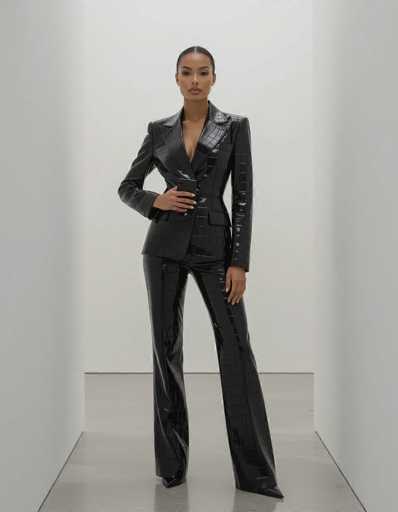 A confident ethnic woman commands attention in a striking monochromatic crocodile-print leather suit against a minimalist white backdrop. Her strong pose and sleek smartphone highlight the texture of the exotic fabric, creating a high-fashion aesthetic reminiscent of Vogue editorials.