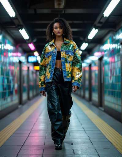 An ethnic model confidently strides through a vibrant subway station, her oversized crocodile print denim jacket and leather pants embodying gritty streetwear. Colorful tiles and fluorescent lights create a dynamic backdrop, reflecting on the jacket's scales in this documentary fashion shot.