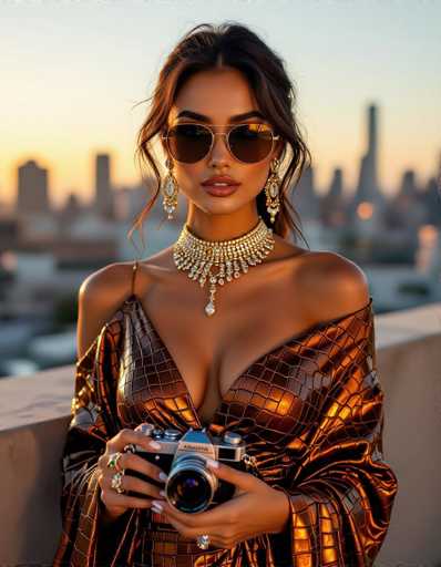 A stunning woman with warm skin and intricate jewelry is the central focus, elegantly draped in a luxurious crocodile-print velvet dress. She holds a vintage camera on a minimalist rooftop terrace at sunset, bathed in golden hour light against a blurred urban backdrop. The image evokes an urban fashion editorial style with shallow depth of field.