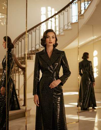 An ethnic woman embodies classic 1950s glamour in a modern setting. She stands confidently in a tailored crocodile print coat, reflected in a mirrored staircase bathed in golden hour light. The composition evokes timeless elegance with classic Hollywood makeup and a sophisticated, stylish feel.