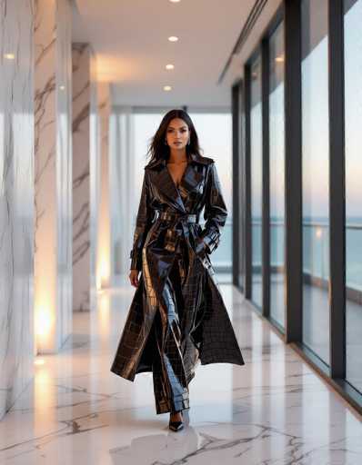 A confident ethnic model in a flowing crocodile-patterned trench coat strides down a marble hallway in a luxury penthouse. The scene features floor-to-ceiling windows overlooking the ocean at twilight, illuminated by soft natural light. The model's dynamic pose and high-fashion attire create a powerful, elegant image.