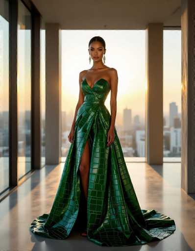 A striking ethnic model in a vibrant emerald green crocodile-pattern gown dominates the frame within a minimalist penthouse. Golden hour light floods through floor-to-ceiling windows, casting dramatic shadows and creating a Vogue editorial aesthetic. The focus is sharp on the model, with a soft background emphasizing luxury and elegance.